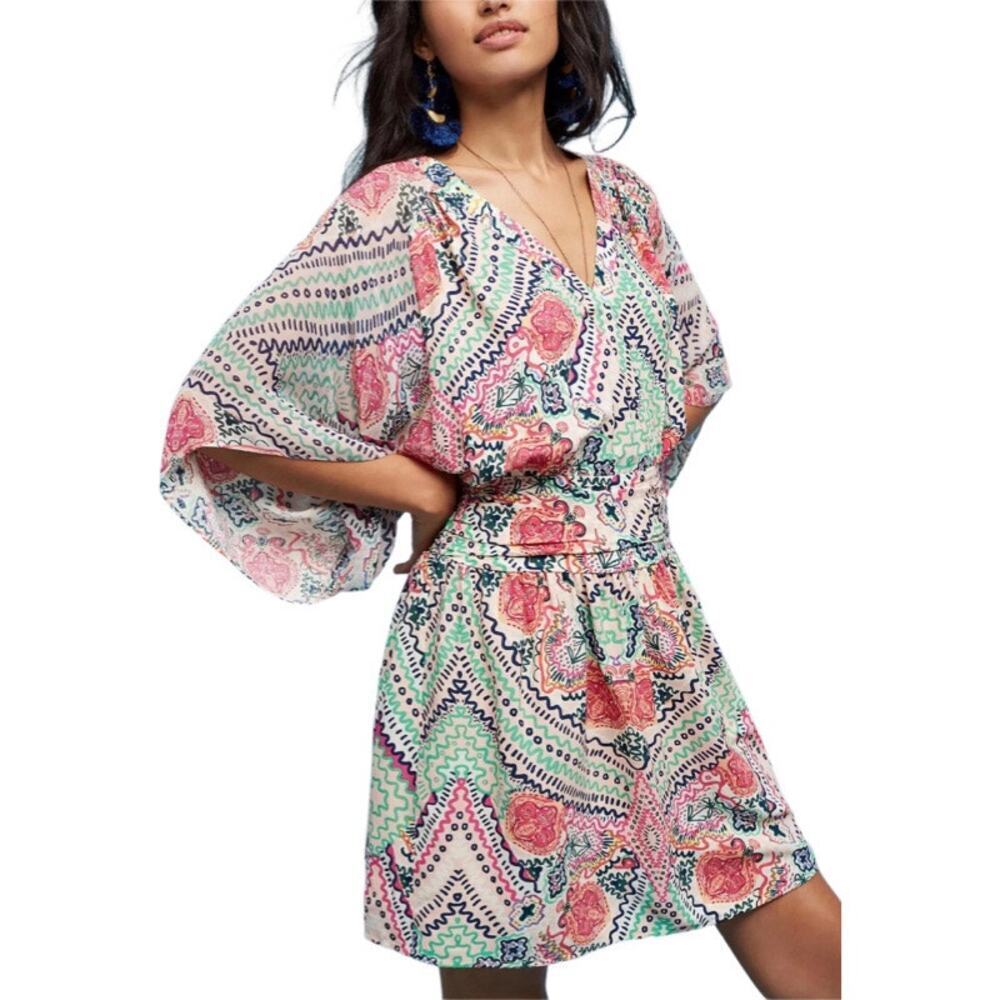 Anthropologie Maeve Siya Kimono Mini Dress Ruched Waist‎ Floral Feminine Sz: 0